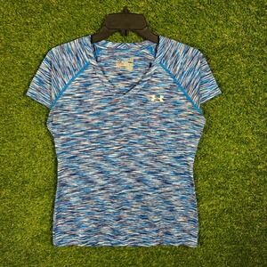 Under Armour Womens Small Blue Space Dye HeatGear V-Neck‎ Athletic T-Shirt
